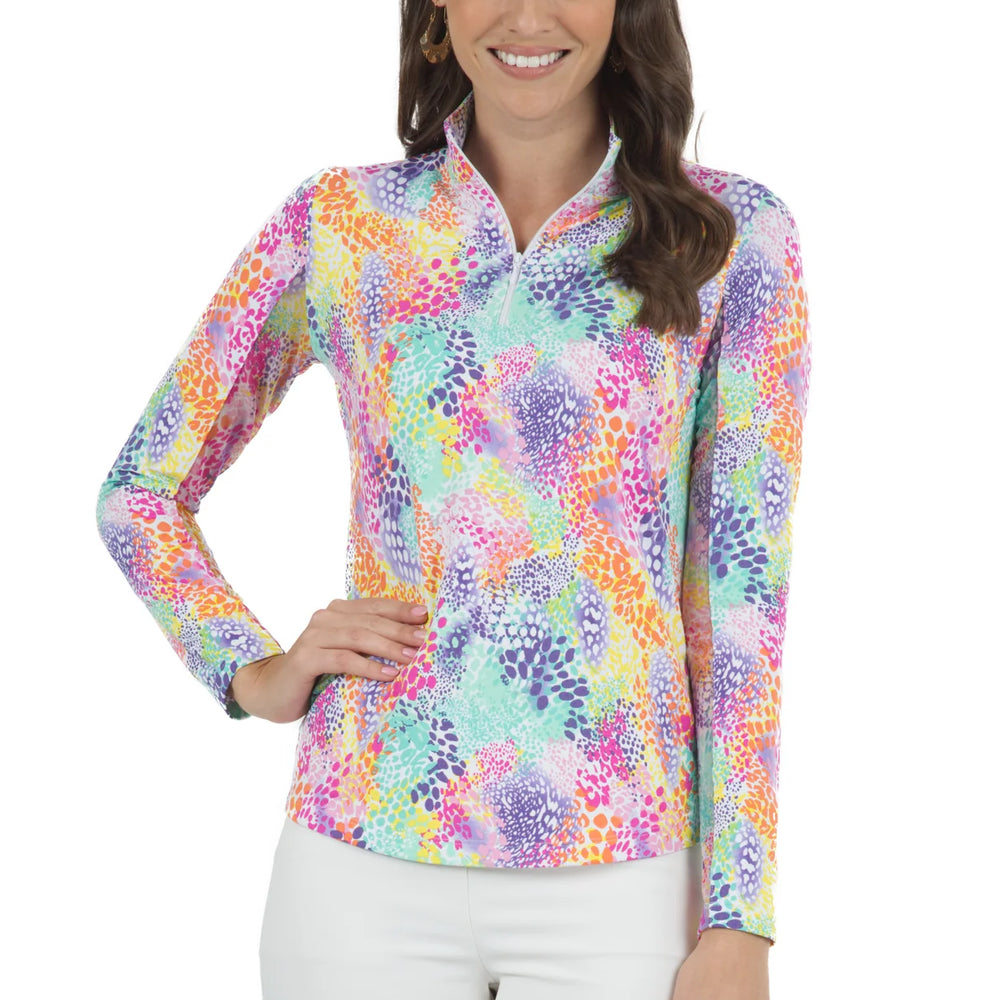 Ibkul  Long Sleeve  Zip Mock -  LESSIE -White/ Multi   SPF 50