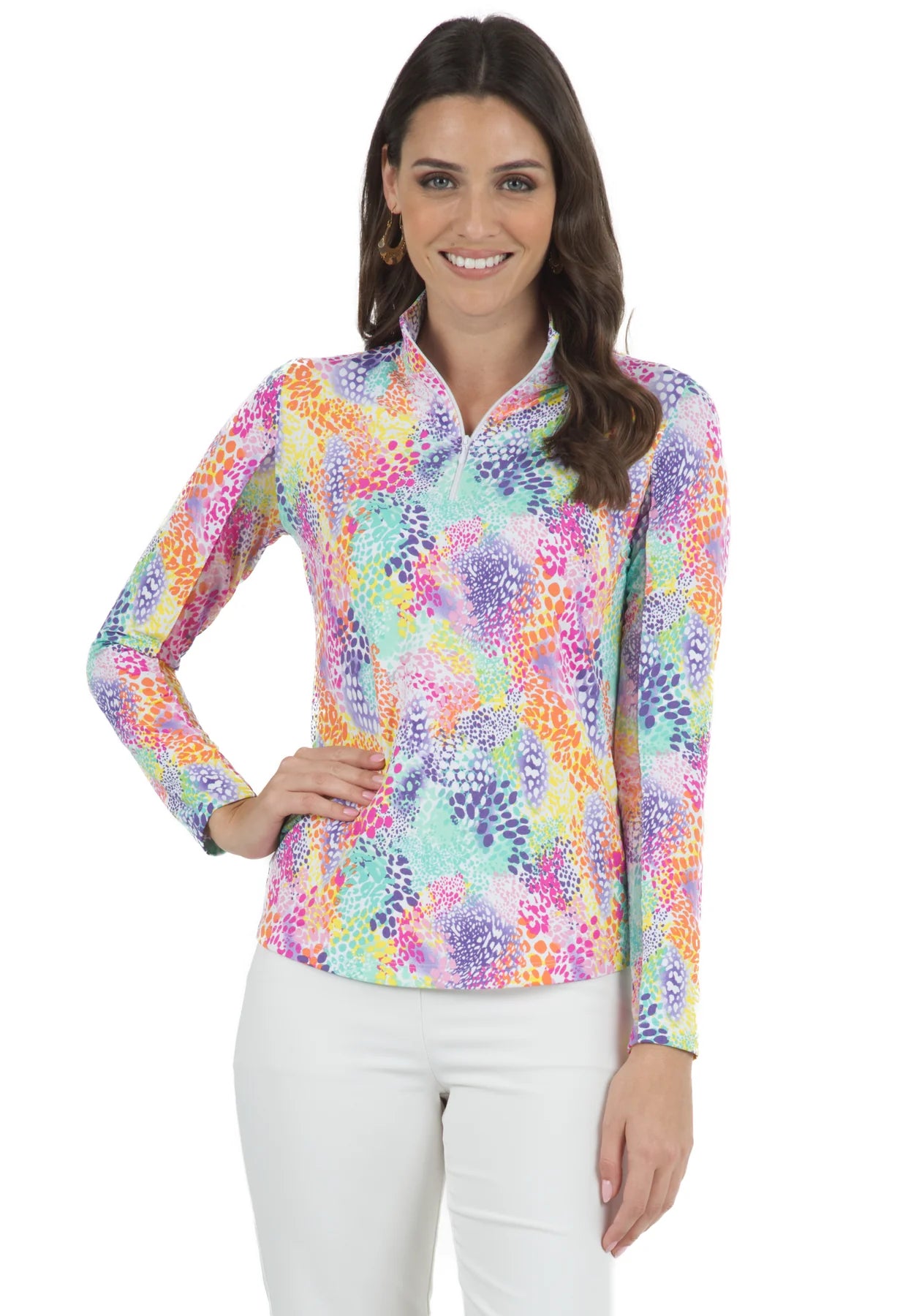 Ibkul  Long Sleeve  Zip Mock -  LESSIE -White/ Multi   SPF 50