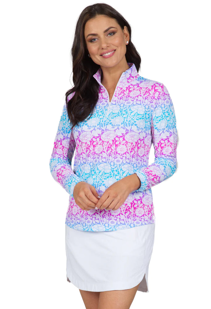 Ibkul  Long Sleeve  Zip Mock -JESSE- HOT PINK / TURQOISE