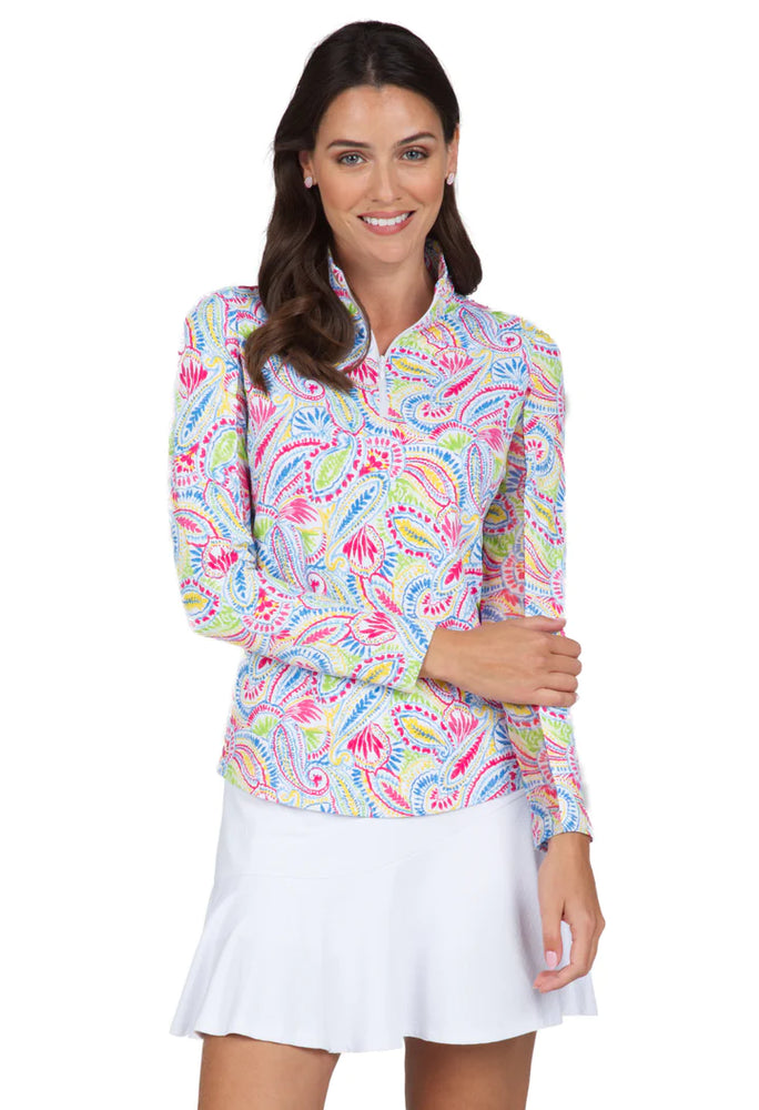 Ibkul  Long Sleeve  Zip Mock - MASSIE - WATERMELON MULTI