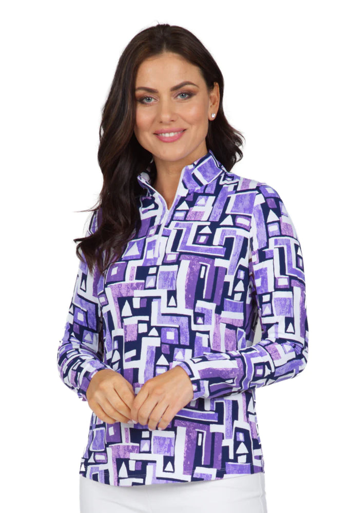 Ibkul  Long Sleeve  Zip Mock - Jennifer- Plum/Navy