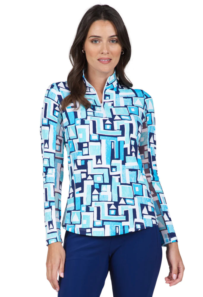 Ibkul  Long Sleeve  Zip Mock - Jennifer- Turquoise/Navy