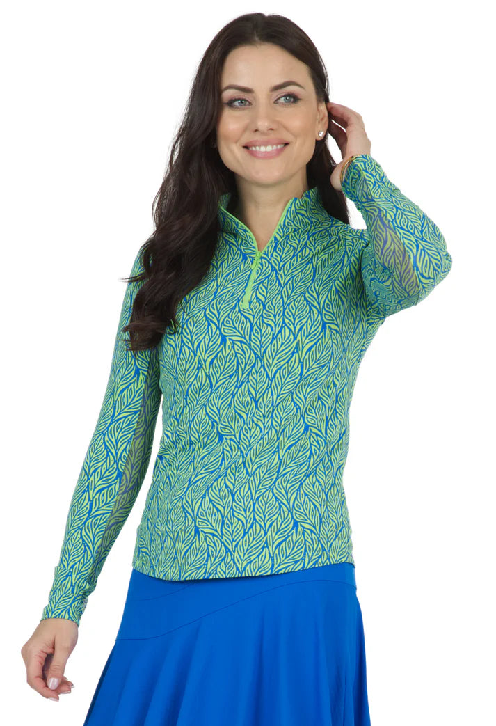 Ibkul Limited Edition Long Sleeve  Zip Mock - Sally Blue/Lime