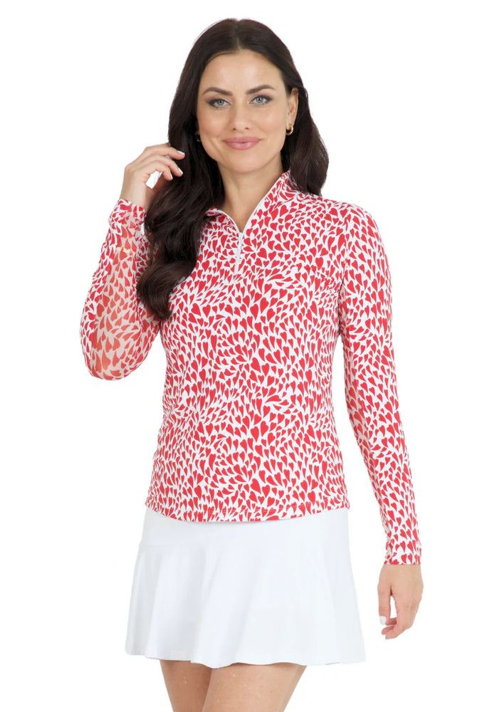 Ibkul Limited Edition Long Sleeve  Zip Mock - Davina Red/White