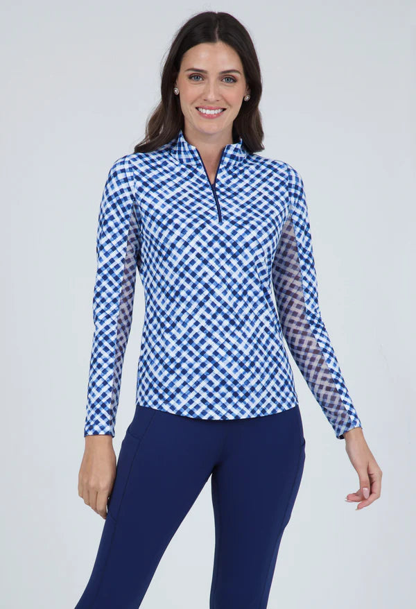 Ibkul  Long Sleeve  Zip Mock Gingham Check Navy/ White