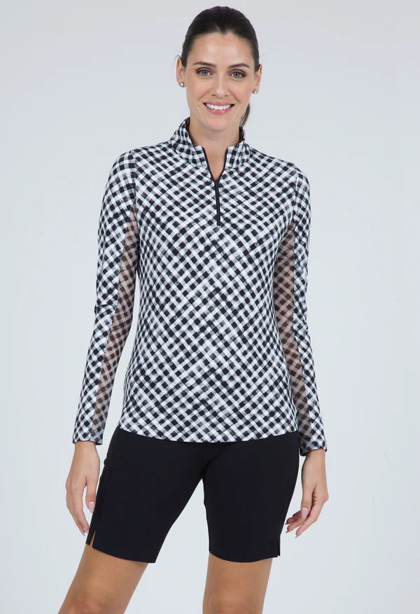 Ibkul  Long Sleeve  Zip Mock Gingham Check tourquoise/ White