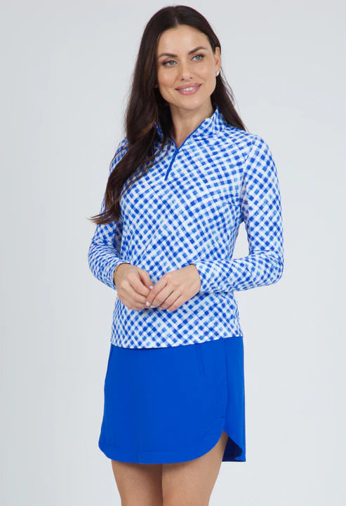 Ibkul  Long Sleeve  Zip Mock Gingham Check Blue/ White