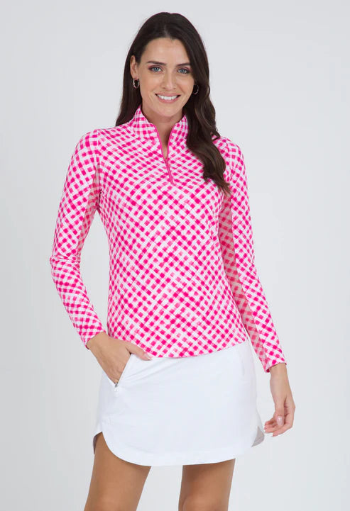 Ibkul  Long Sleeve  Zip Mock Gingham Check Hot Pink/ White