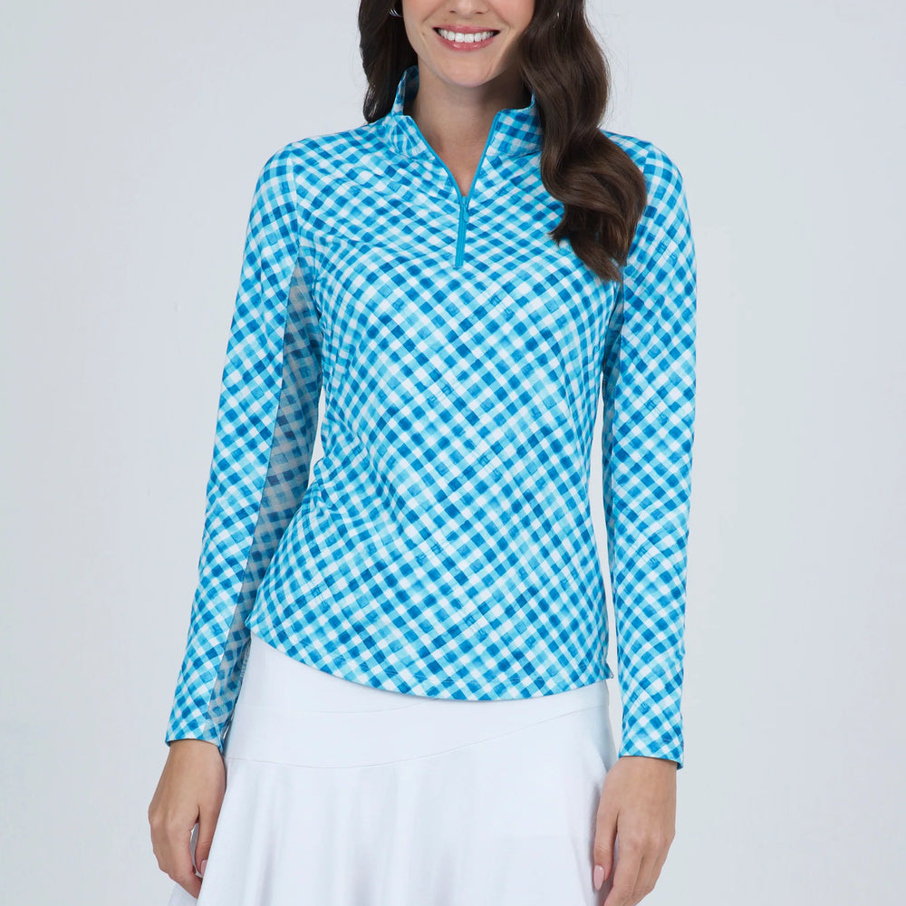 Ibkul  Long Sleeve  Zip Mock Gingham Check tourquoise/ White