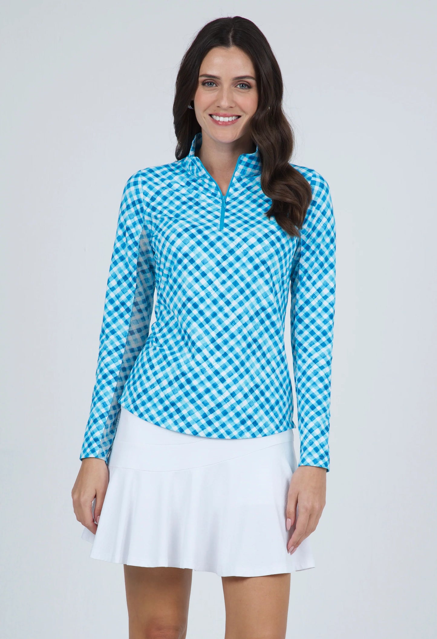 Ibkul  Long Sleeve  Zip Mock Gingham Check tourquoise/ White