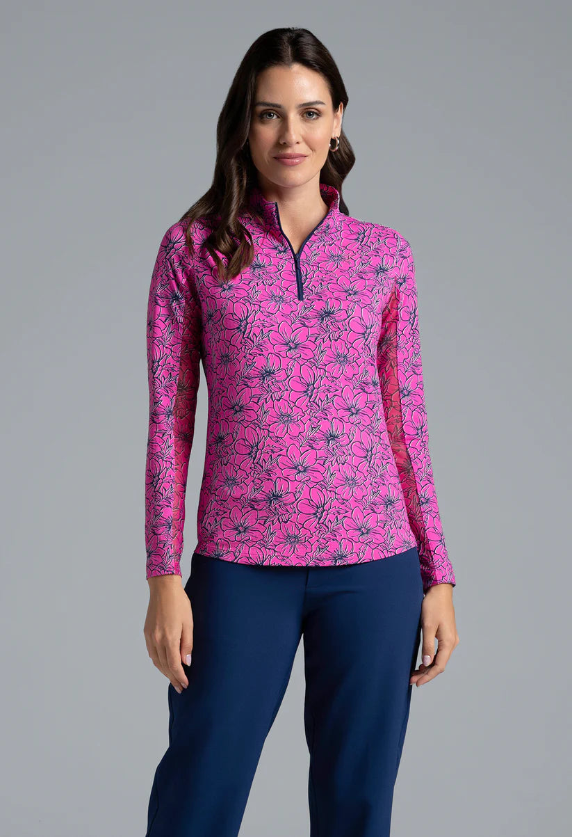 Ibkul Long Sleeve Zip Mock Diana Hot Pink/Navy 10930