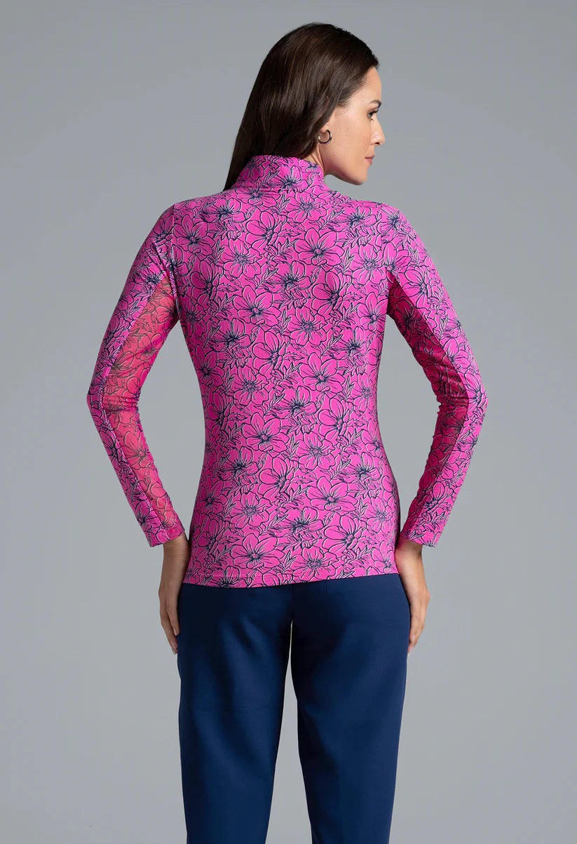 Ibkul Long Sleeve Zip Mock Diana Hot Pink/Navy 10930