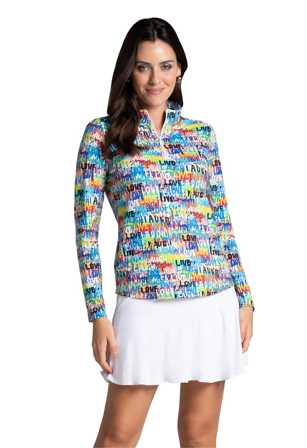 Ibkul Long Sleeve Zip Mock Live Laugh Love Print 10935