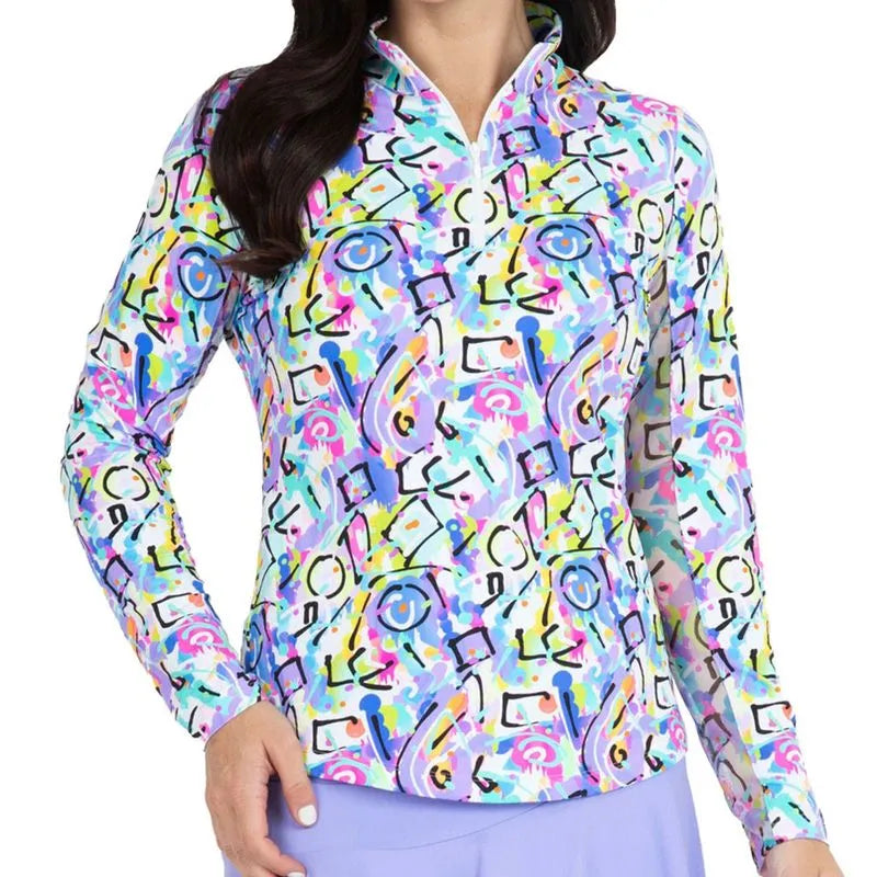 Ibkul Long Sleeve  Zip Mock LIMITED EDITION SERIES, CALLI Turquoise Multi