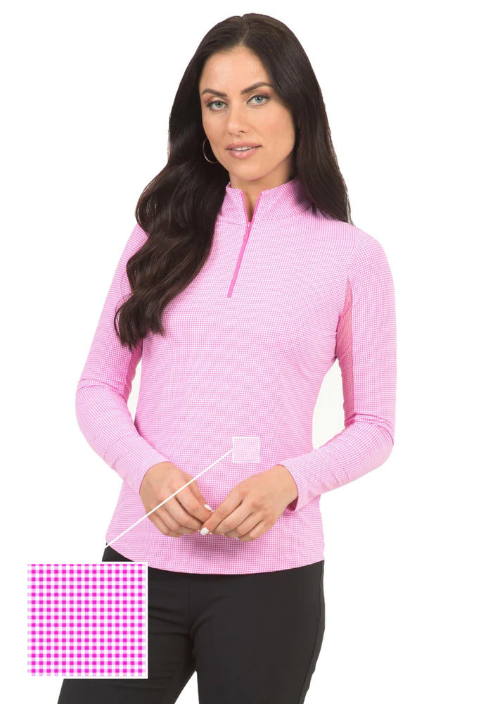 Ibkul  Long Sleeve  Zip Mock Mini Check -Pink / White