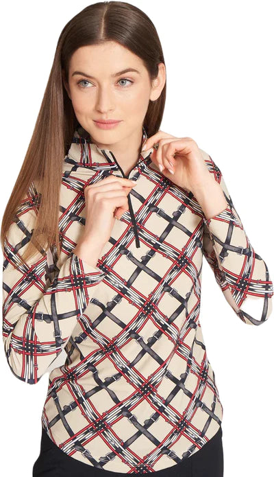 Gottex  Mock  Zip Neck  L/S Sun Shirt - BRITISH PLAID Tan