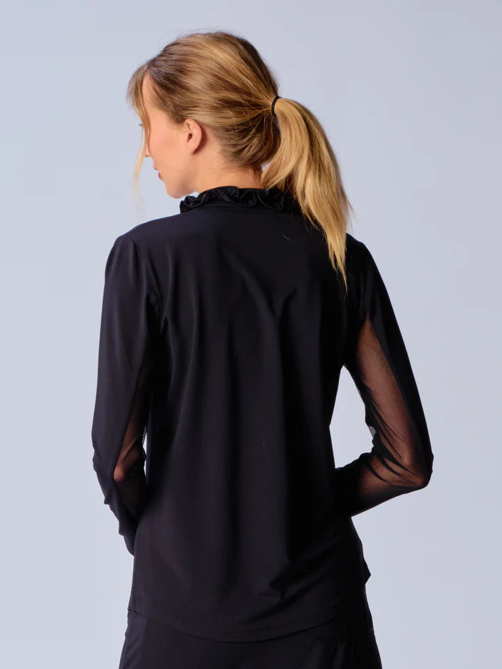 G Lifestyle Long Sleeve V-Neck Ruffle Top Black