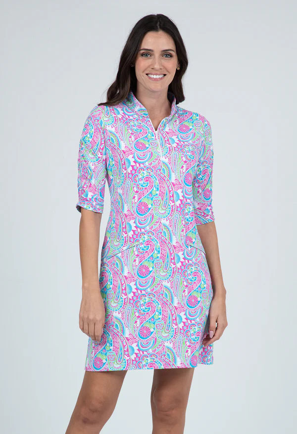 Ibkul Gloria Print Ruched Sleeved  Dress Hot Pink/Turquoise