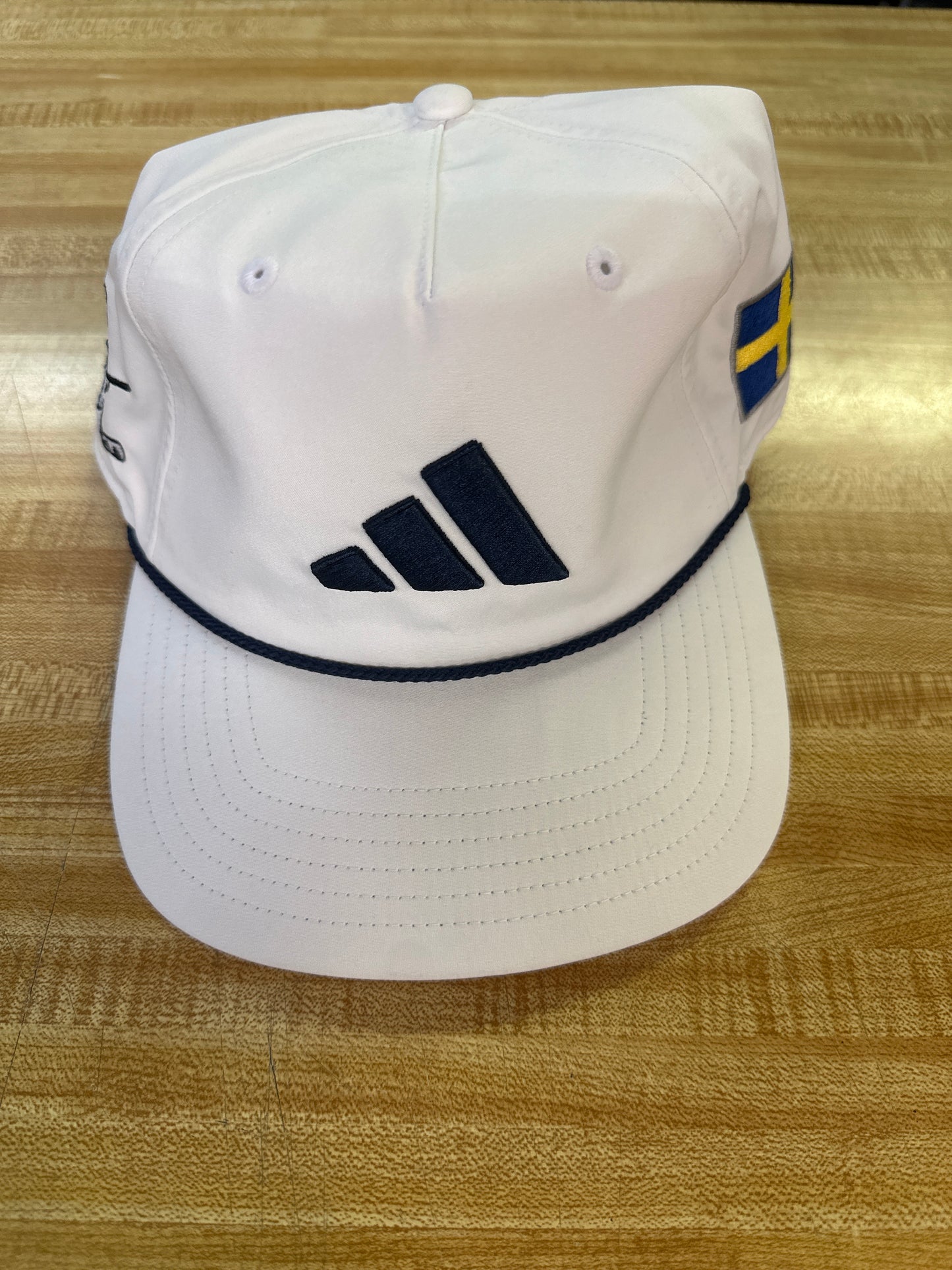 Adidas Tour 5 Panel Hat - White/Navy with Swedish Flag and Peanuts and Golf Logo