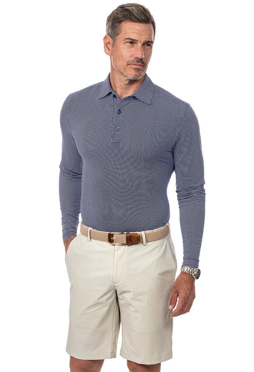 Ibkul   Men's  Mini Check  Long Sleeve  Polo  Navy?White