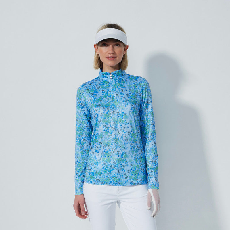 Daily Sport Sheermotion Water Bloom Blue Print Long Sleeve Half Zip Shirt