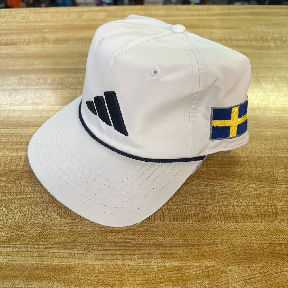 Adidas Tour 5 Panel Hat - White/Navy with Swedish Flag and Peanuts and Golf Logo