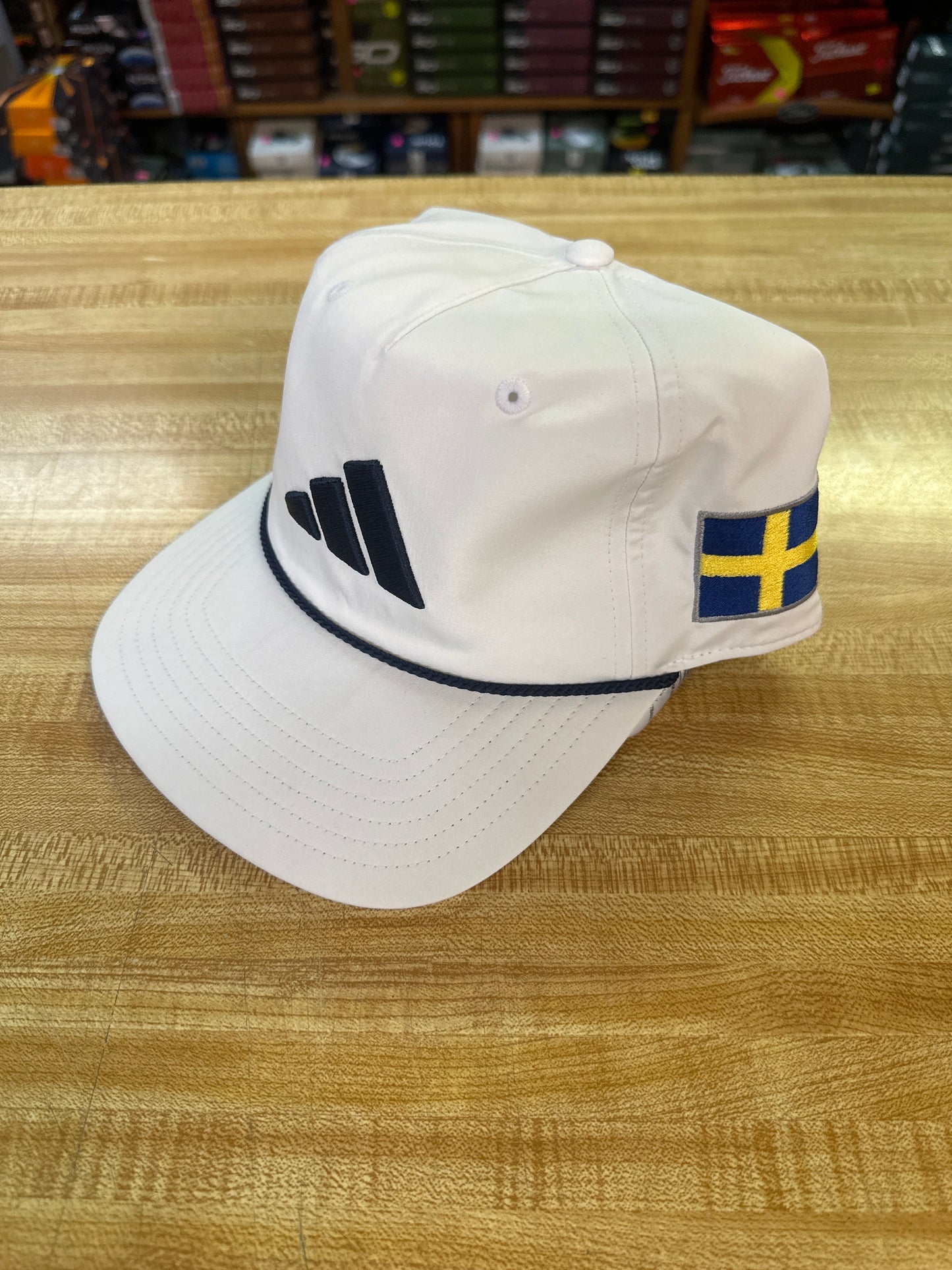 Adidas Tour 5 Panel Hat - White/Navy with Swedish Flag and Peanuts and Golf Logo