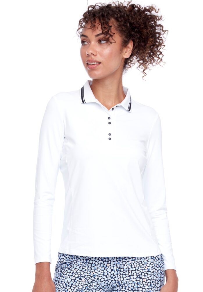 Swing Control Velocity Long-Sleeve Polo - White w/ Navy