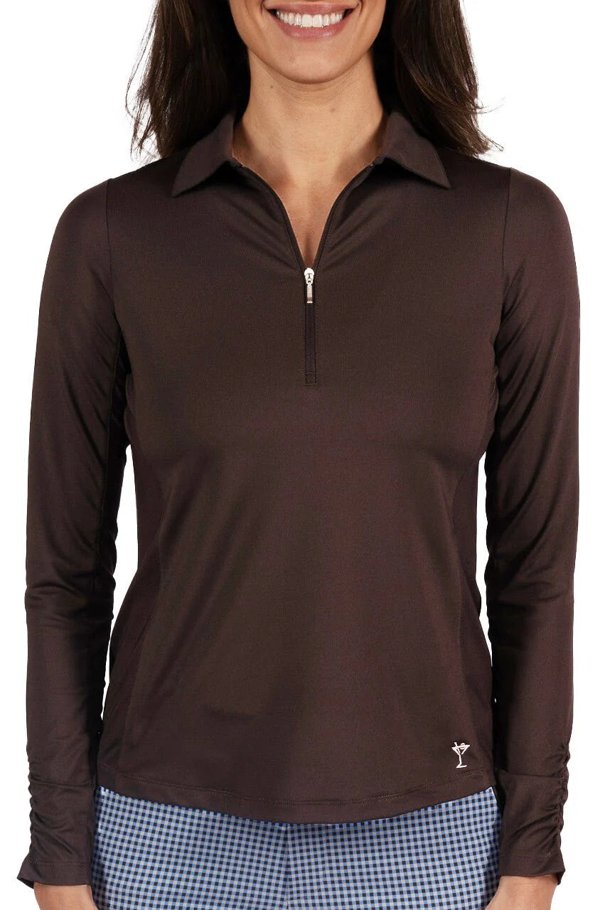 Golftini Long Sleeve Zip Tech Polo -Cocoa