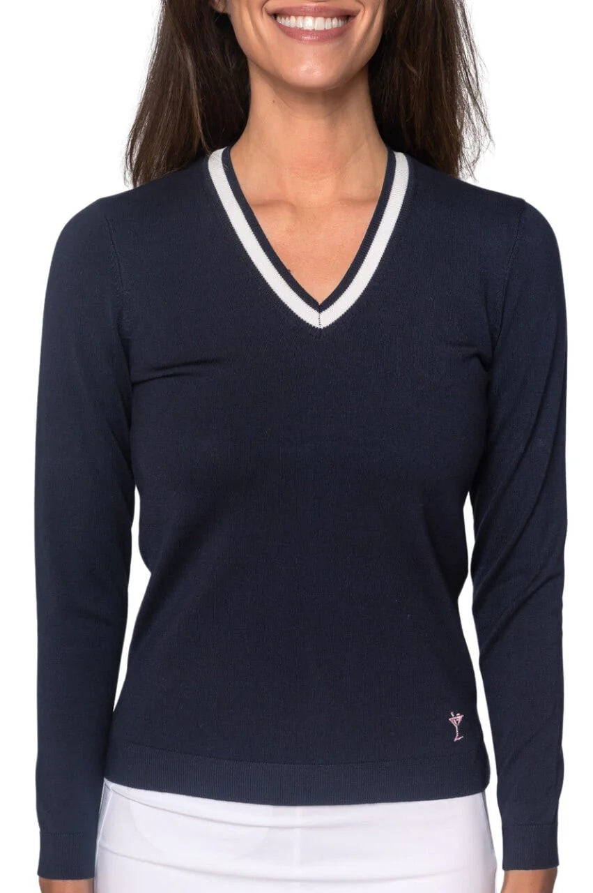 Golftini V- Neck Stretch Sweater - Navy/White