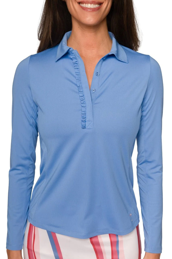 Golftini Long Sleeve Ruffle Polo -Zoo Blue