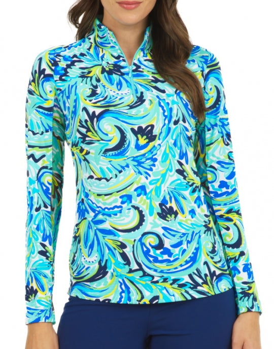 Ibkul  Long Sleeve  Zip Mock AUBREY Turquoise/ Multi  SPF 50