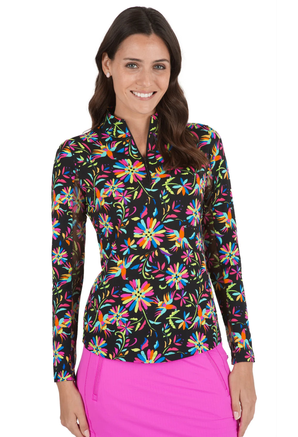 Ibkul  Long Sleeve  Zip Mock - ESTELA- Black/Multi