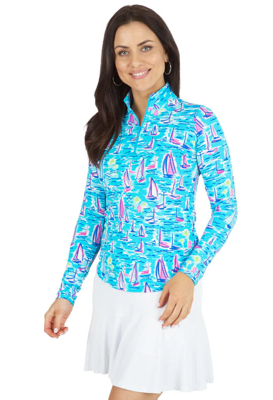 Ibkul Long Sleeve  Zip Mock LIMITED EDITION SERIES,DARLING SAIL- Turq/Hot Pink-  SPF 50