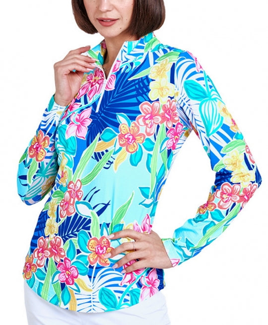 Gottex  Mock  Zip Neck  L/S Sun Shirt - PALM ISLANDS  - Blue Multi