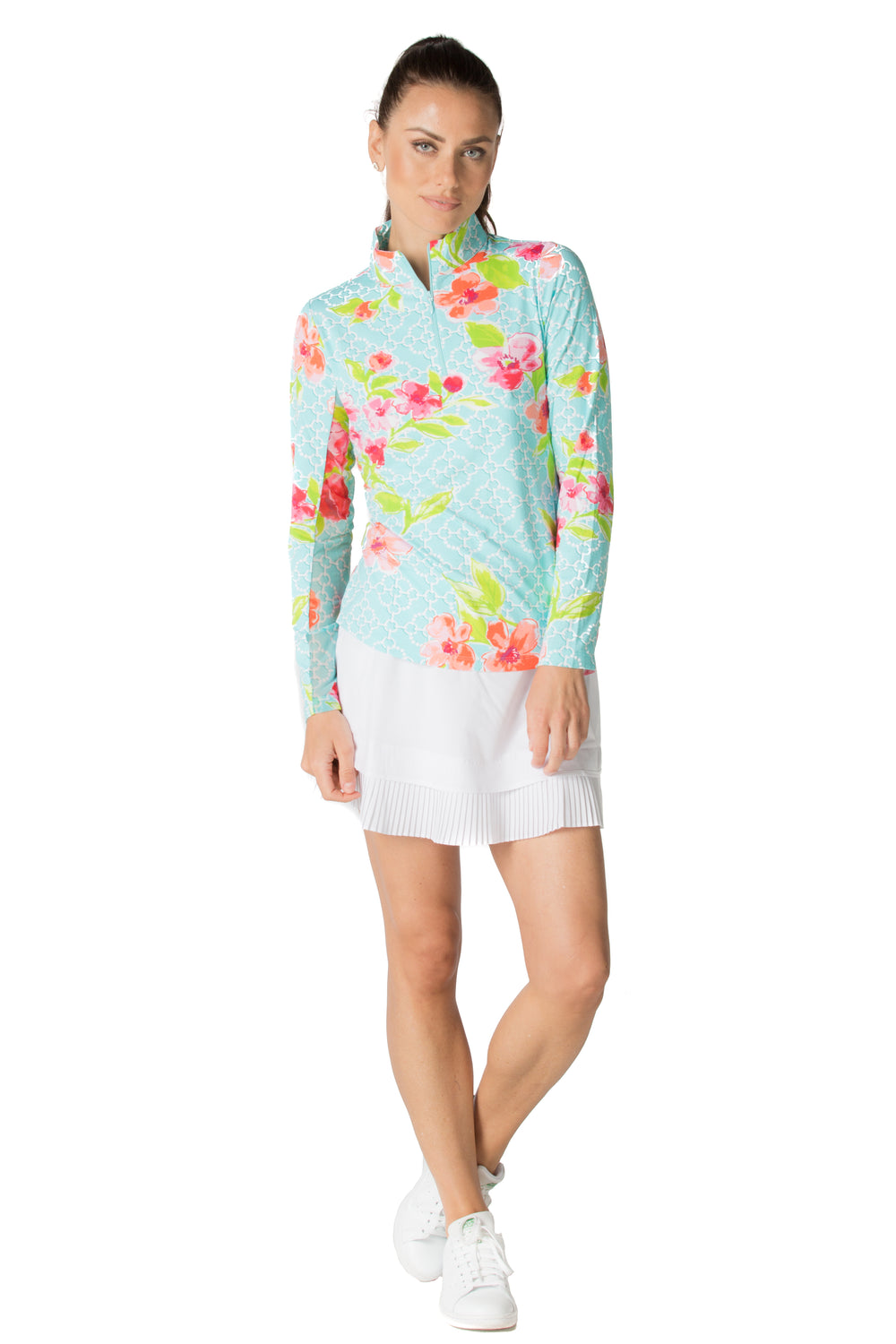 Ibkul Icifil Long Sleeve Sun Shirt: Ashly Seafoam/Pink Print Mock - SPF 50