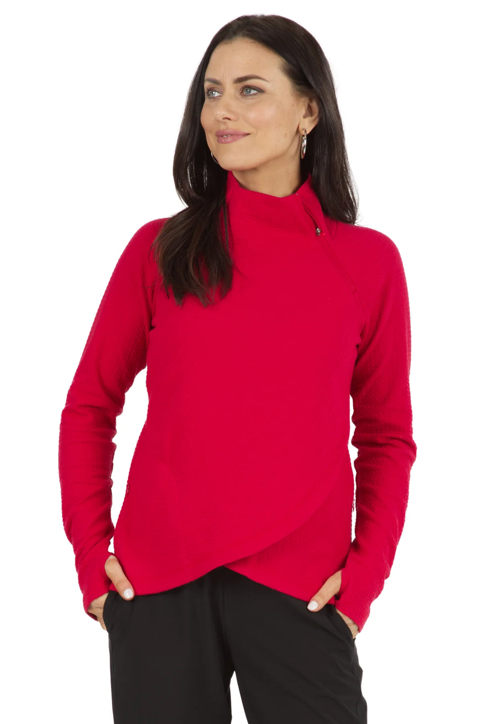 Ibkul  Popcorn Stitch Asymmetrical Zip Pullover - SPF 50 Red