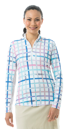 SanSoleil SolCool Print Zip Mock. 900463  Grosgrain Plaid Blue and Pink