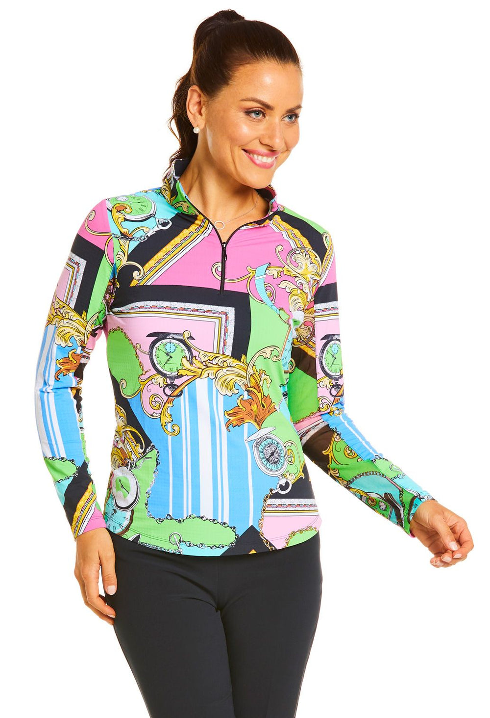 Ibkul Icifil Long Sleeve Sun Shirt: Time Out Green/Pink  Print Zip Mock - SPF 50