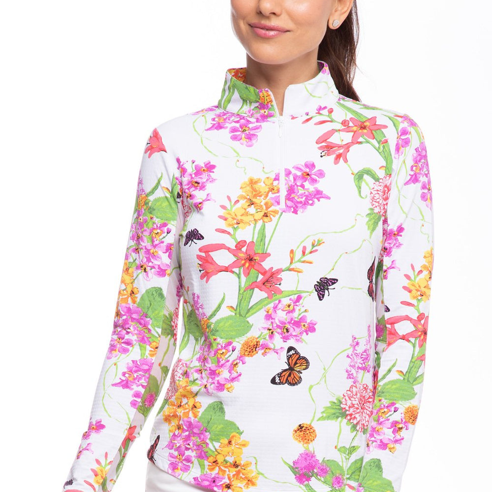 Ibkul Icifil Long Sleeve Sun Shirt: Willow White Print Mock - SPF 50