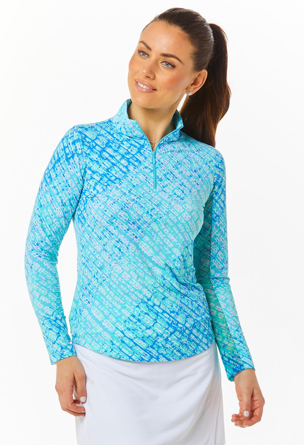 Ibkul Long Sleeve Mock: Liz Jade/Lavender Print | SPF 50