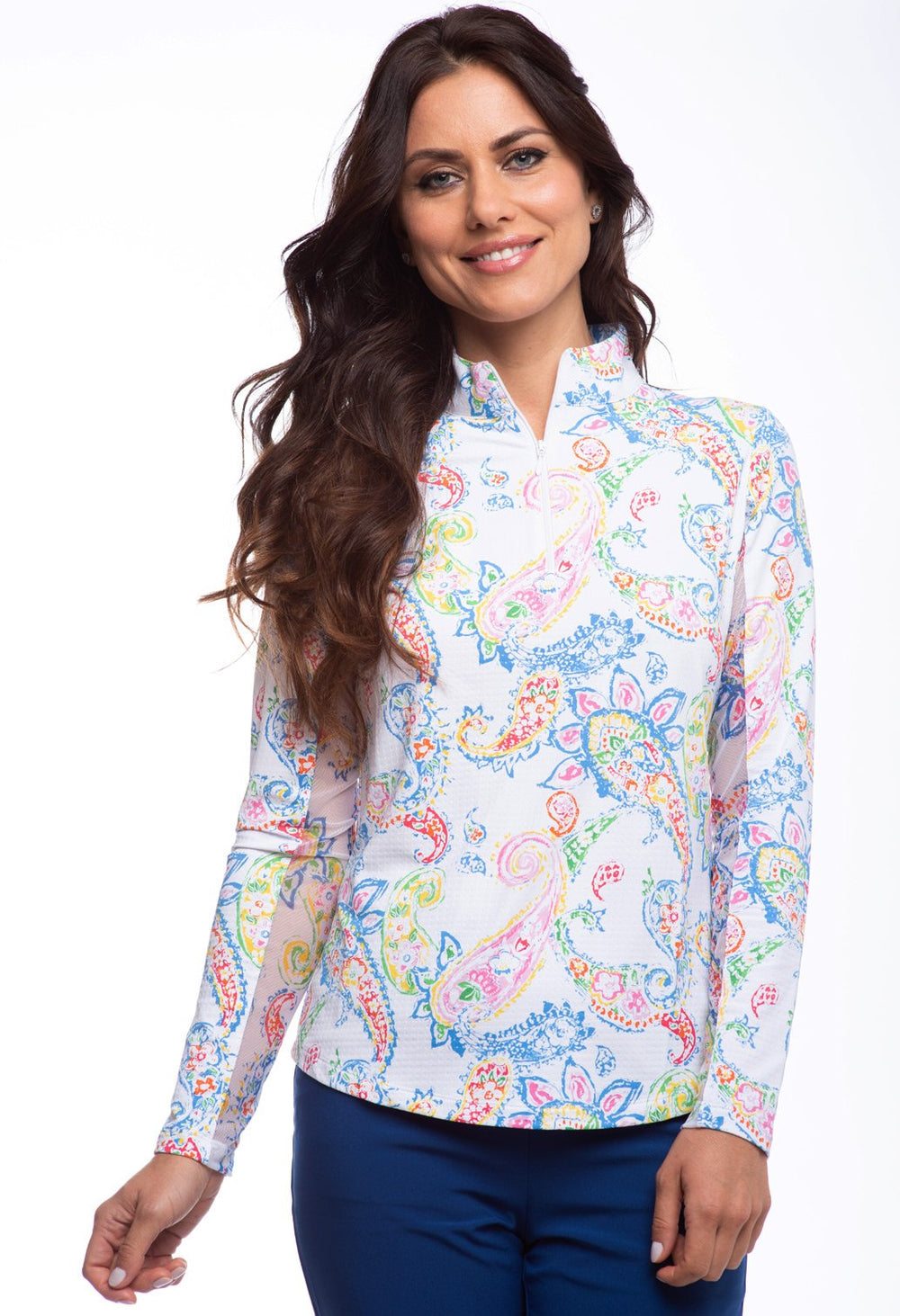 Ibkul Long Sleeve Mock: Sharon White/Multi Print | SPF 50