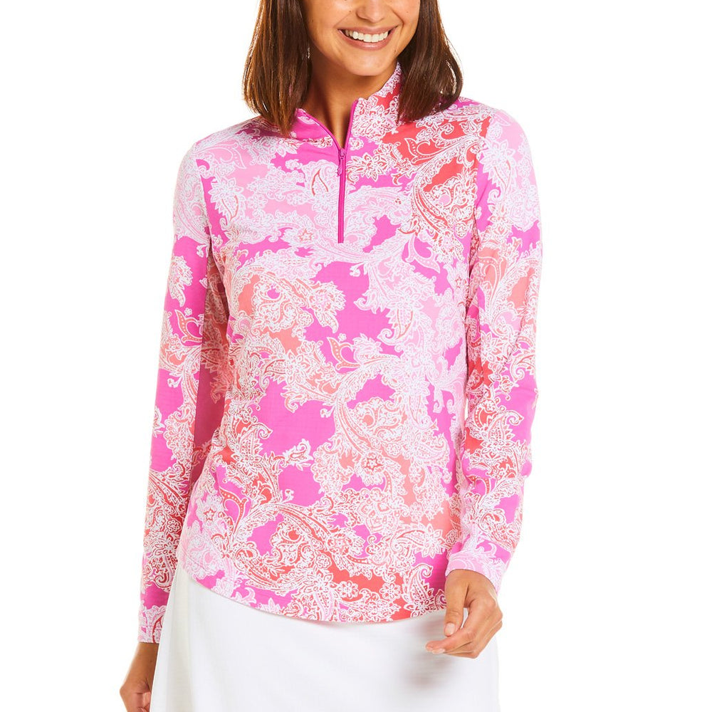 Ibkul Icifil Long Sleeve Sun Shirt: Pascha  Pink/Coral  Print Zip Mock - SPF 50