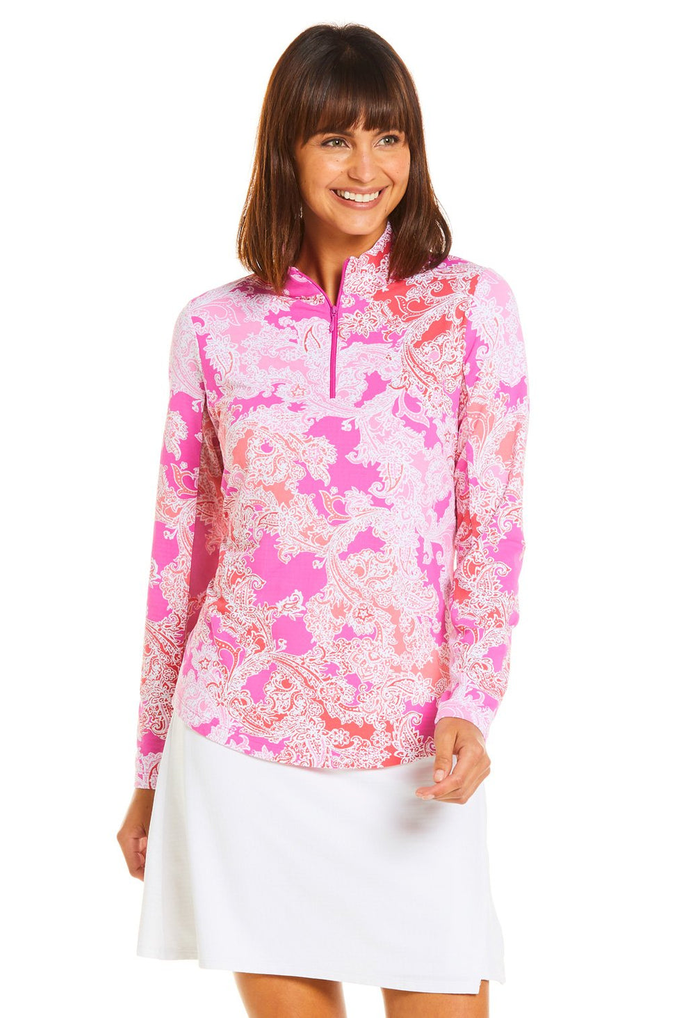 Ibkul Icifil Long Sleeve Sun Shirt: Pascha  Pink/Coral  Print Zip Mock - SPF 50