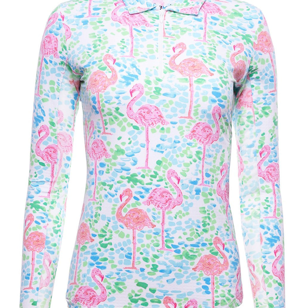 Ibkul Icifil Long Sleeve Sun Shirt: Flamingo Turquoise/Pink Print Zip Mock - SPF 50