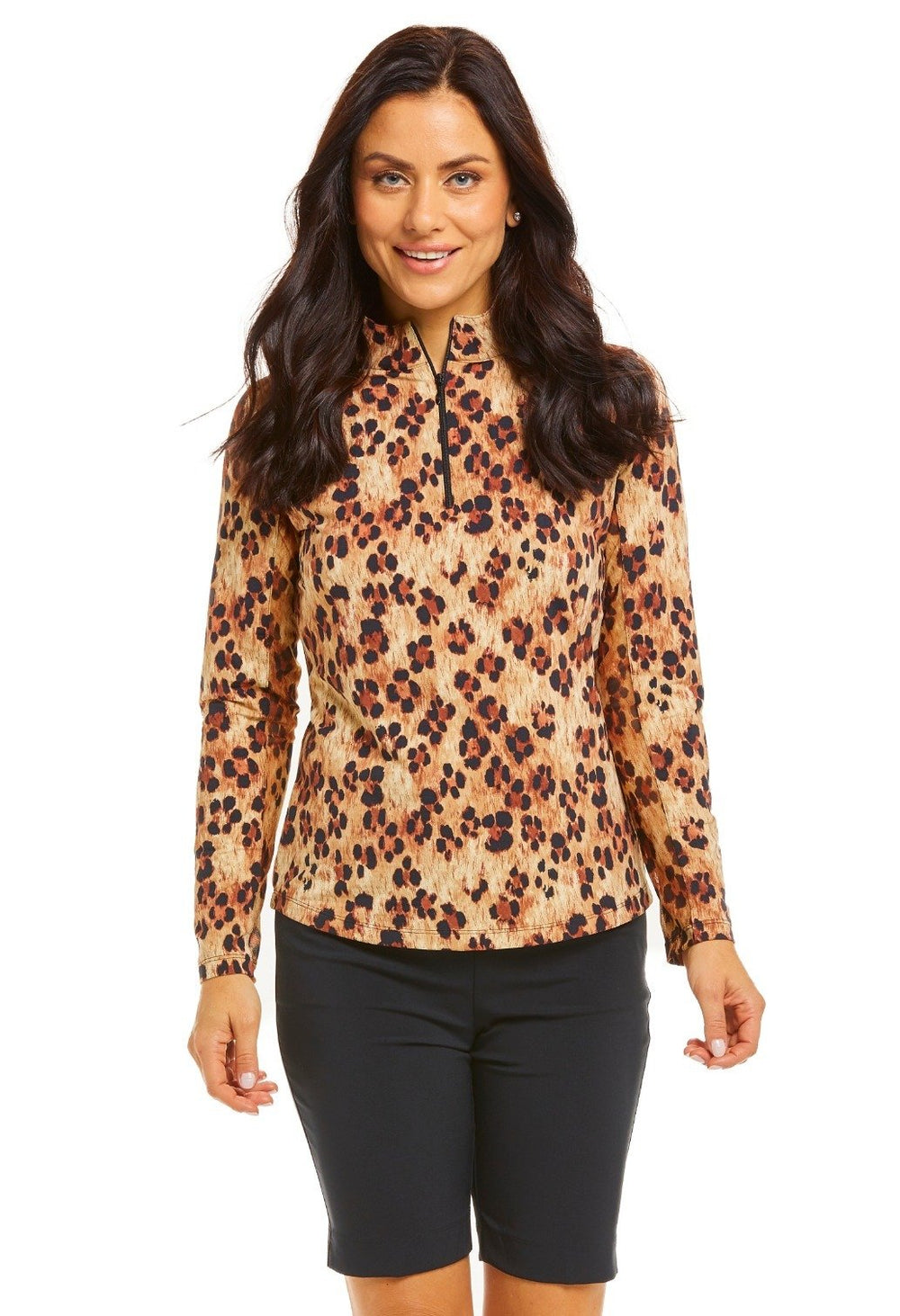 Ibkul Icifil Long Sleeve Sun Shirt:  Zip Mock -Le Leopard- Natural/ Black