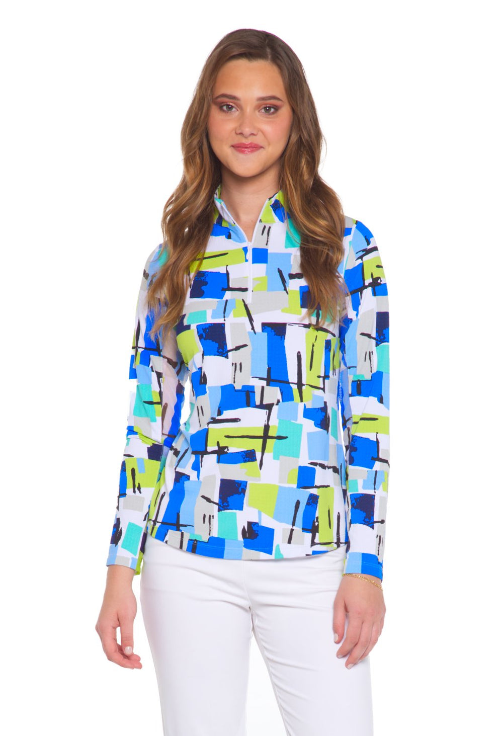 Ibkul Mondrian Long Sleeve  Zip Mock - SPF 50 Blue / Jade