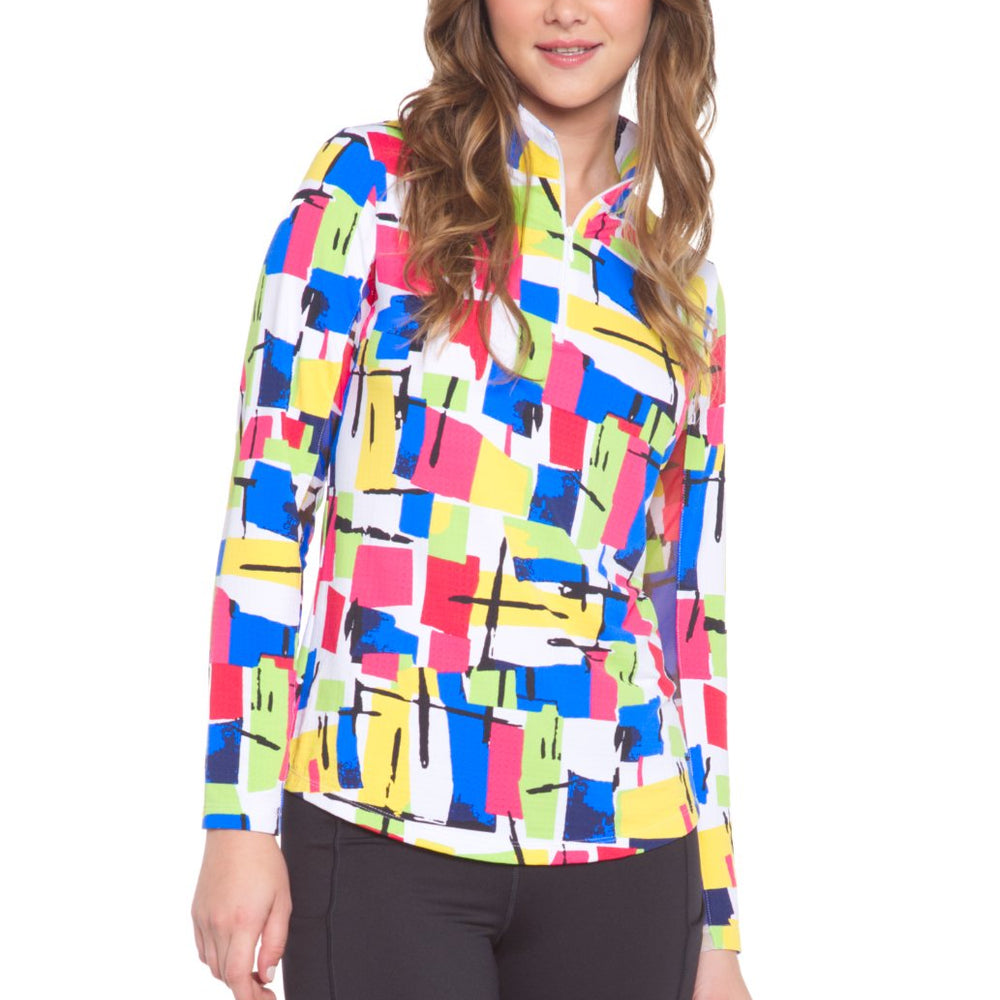 Ibkul Mondrian Long Sleeve  Zip Mock - SPF 50  Multi