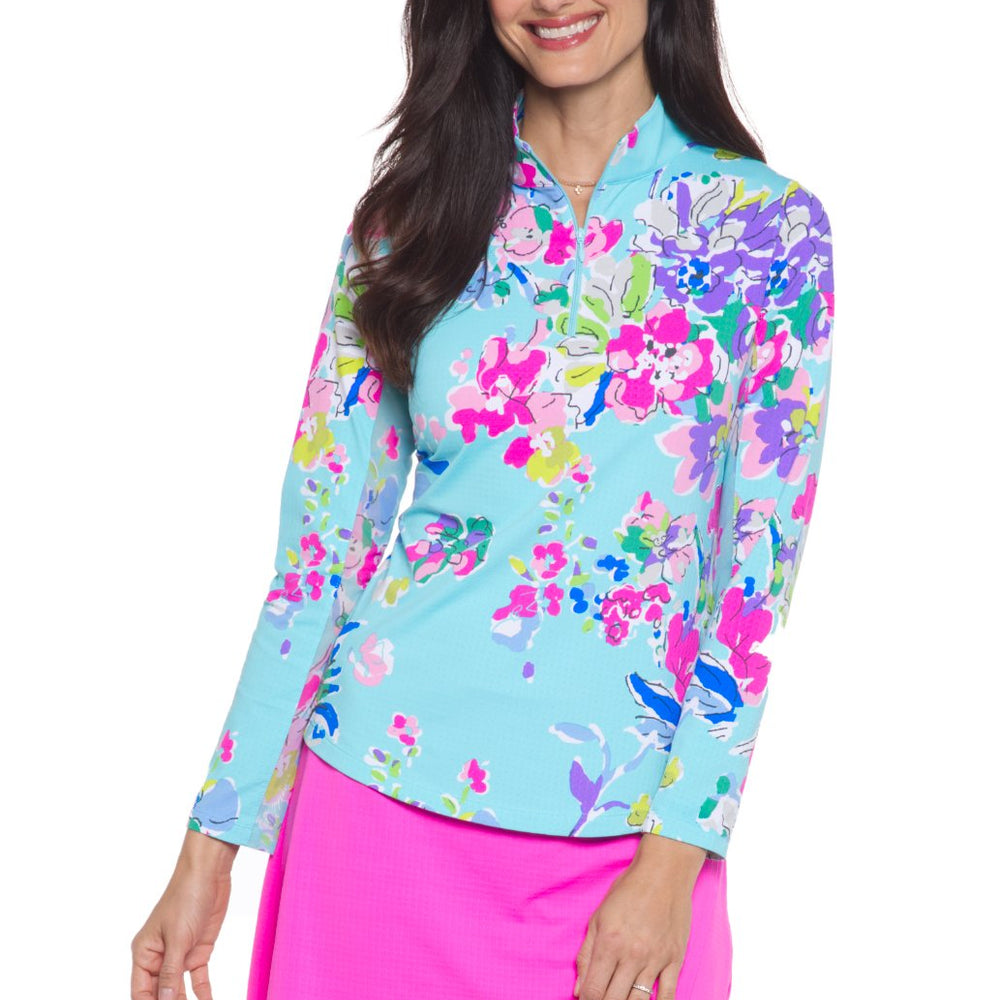 Ibkul Flora Long Sleeve  Zip Mock - SPF 50 Seafoam Multi