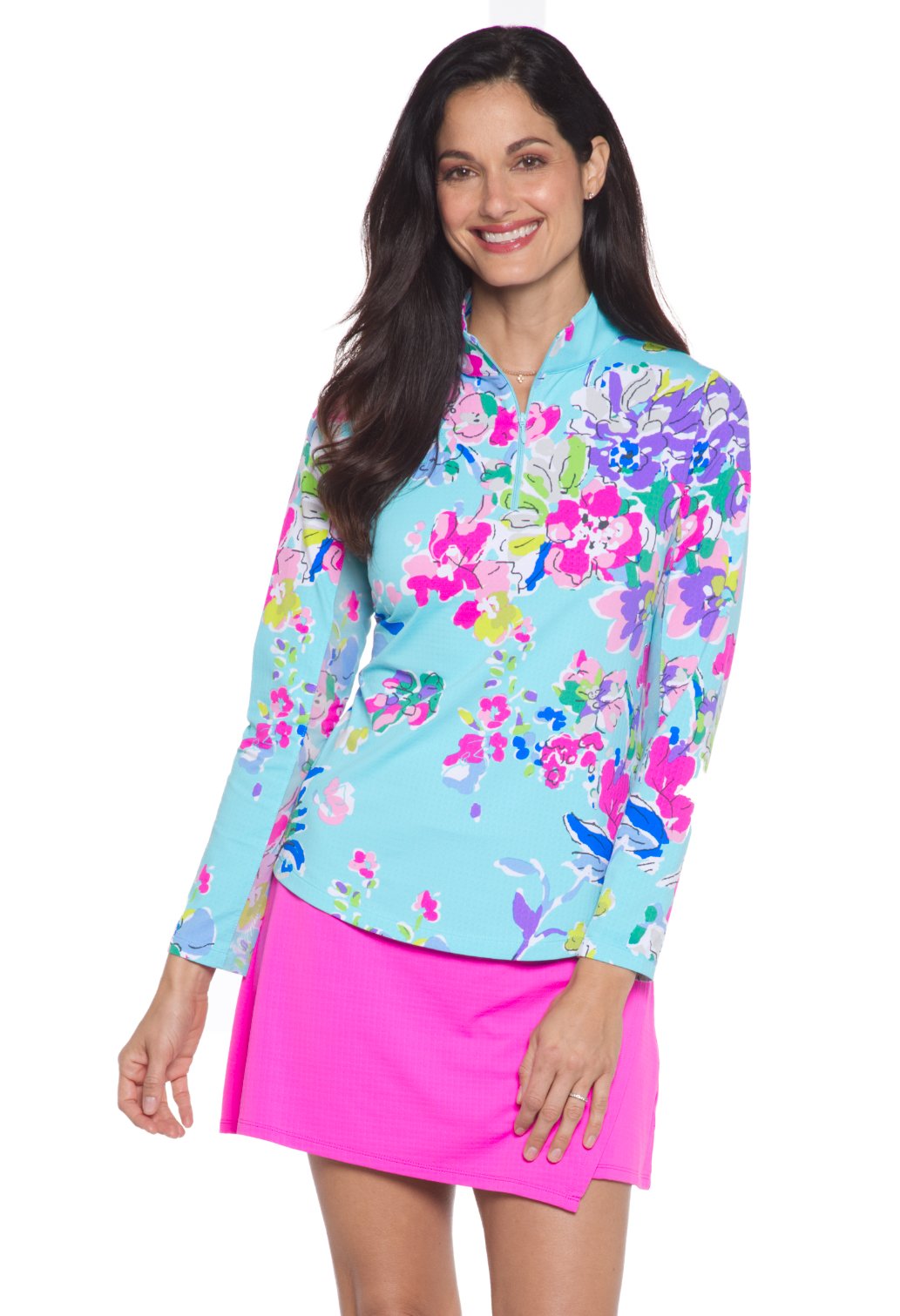 Ibkul Flora Long Sleeve  Zip Mock - SPF 50 Seafoam Multi